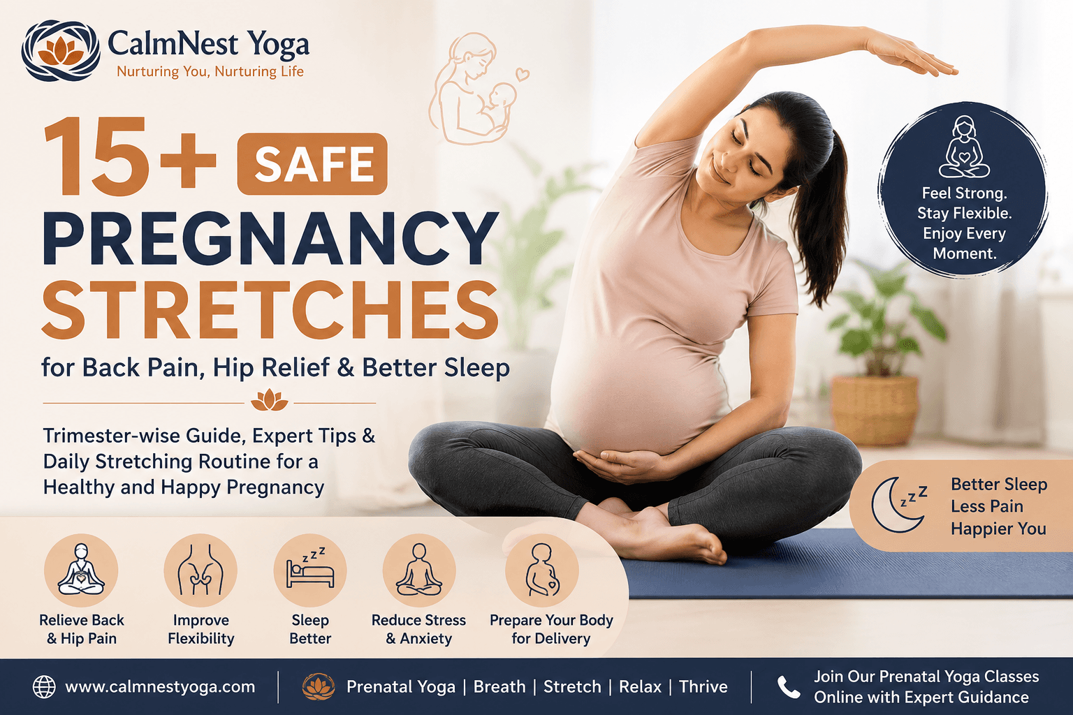 15+ Safe Pregnancy Stretches for Back Pain, Hip Relief & Better Sleep | CalmNest Yoga